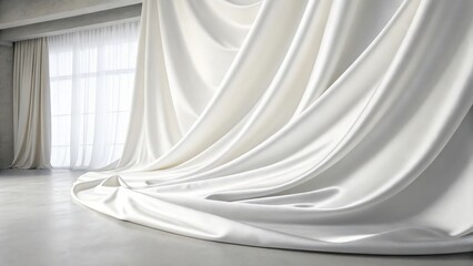 a flowing white curtain draped across a room with a window in the background.