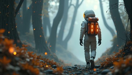 Astronaut Walking Through Mystical Forest