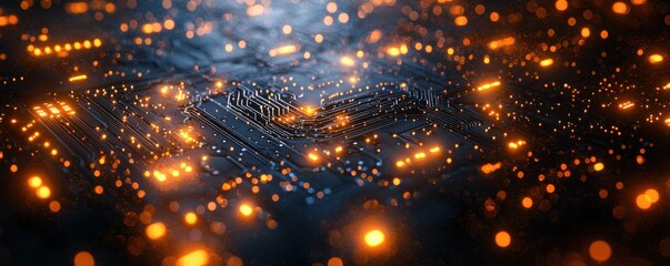 Naklejka premium Electronic Circuit Board with Glowing Orange and Blue Digital Patterns