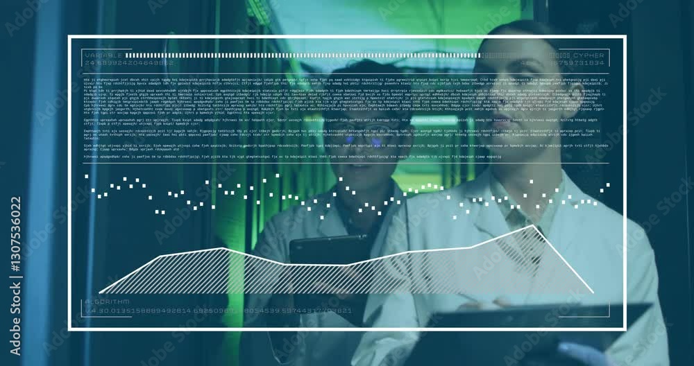 Poster analyzing data with animation, scientists in laboratory studying digital graphs
