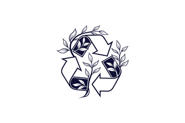 recycling symbol with leaves silhouette line art vector illustration
