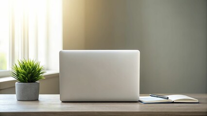 Fototapeta premium A serene office desk with a laptop, plant, and wellness journal, surrounded by soft, natural light streaming through a window.