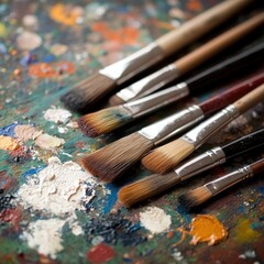 Obraz premium Collection of Paintbrushes on a Colorful Palette