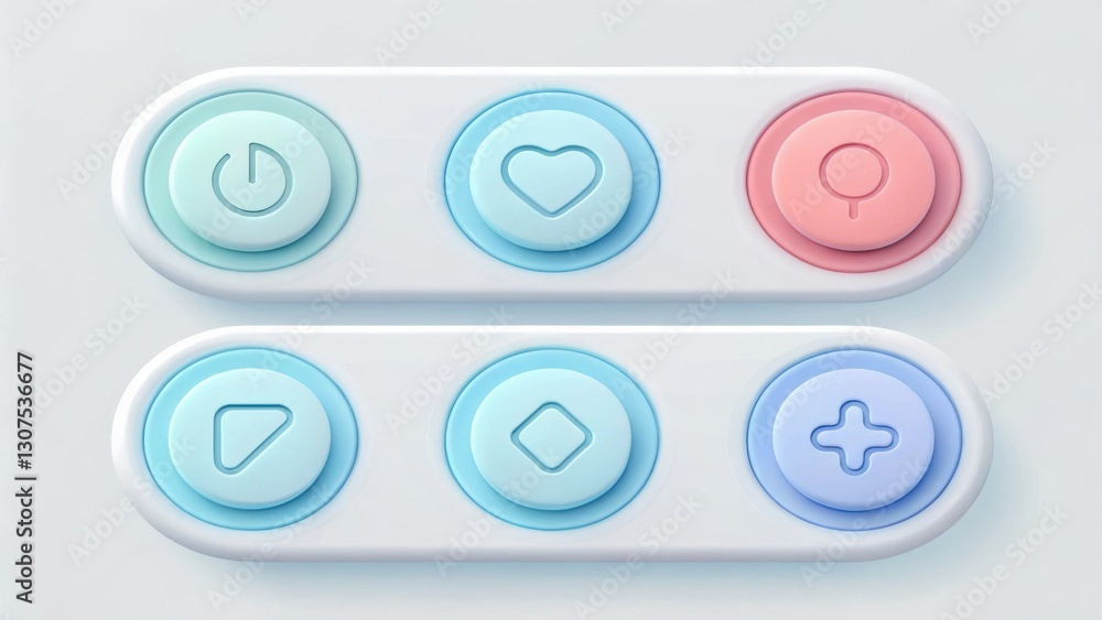 Poster a set of colorful control buttons arranged in two rows, each button featuring a unique symbol