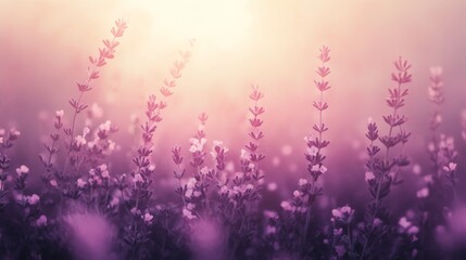 Fototapeta premium Beautiful purple wildflowers reaching upwards towards the bright sunlight above