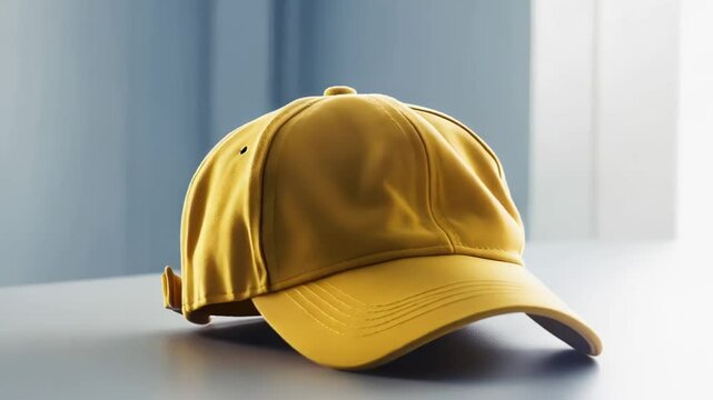 Yellow baseball cap spinning, presenting clean sportswear accessory with minimalist design, perfect for brand presentation against neutral white backdrop