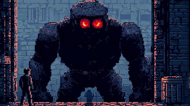 A pixel art boss character with glowing red eyes and intimidating animations, showcasing iconic retro game assets.