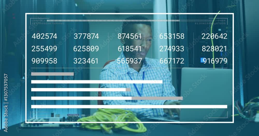 Poster man working on laptop with data processing animation over server room background