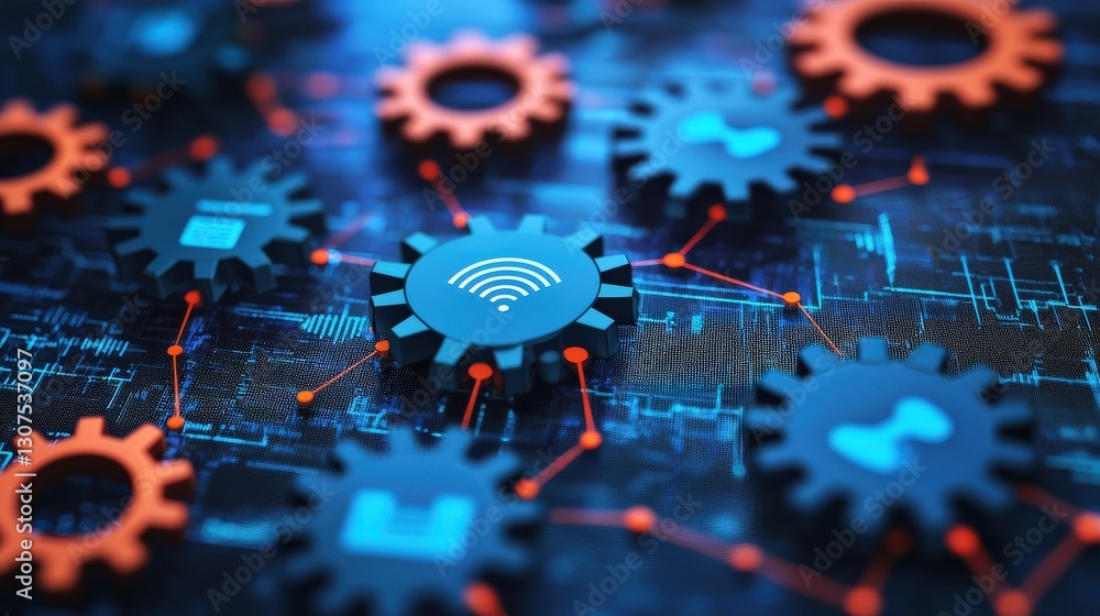 Poster info business consulting automation concept. network gears and wireless connectivity in a digital en