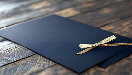 Elegant dark blue invitation card with gold ribbon bow on rustic wooden background; perfect for wedding, birthday or special event announcements