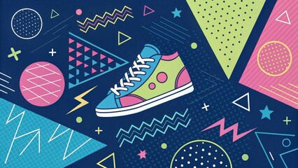 Obraz premium a colorful sneaker with abstract geometric shapes in the background, celebrating vintage style