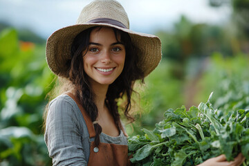 Happy female farmer harvesting fresh organic vegetable and greenery in local farm at countryside. Natural and eco food concept banner with copy space	