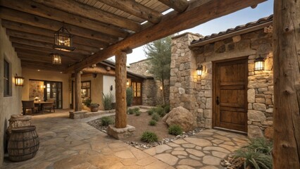 a stunning exterior of a home in a rustic style, featuring stone walls and wooden accents 
