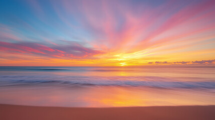 Vibrant sunset over the ocean with calm mood against a colorful sky.