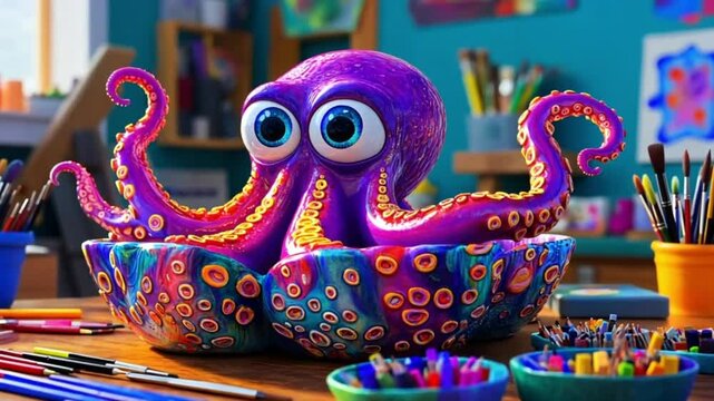 Cute octopus figurine in colorful art studio