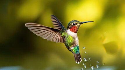 Hummingbird flying; green, red, and brown plumage against a green, blurry background, with water droplets