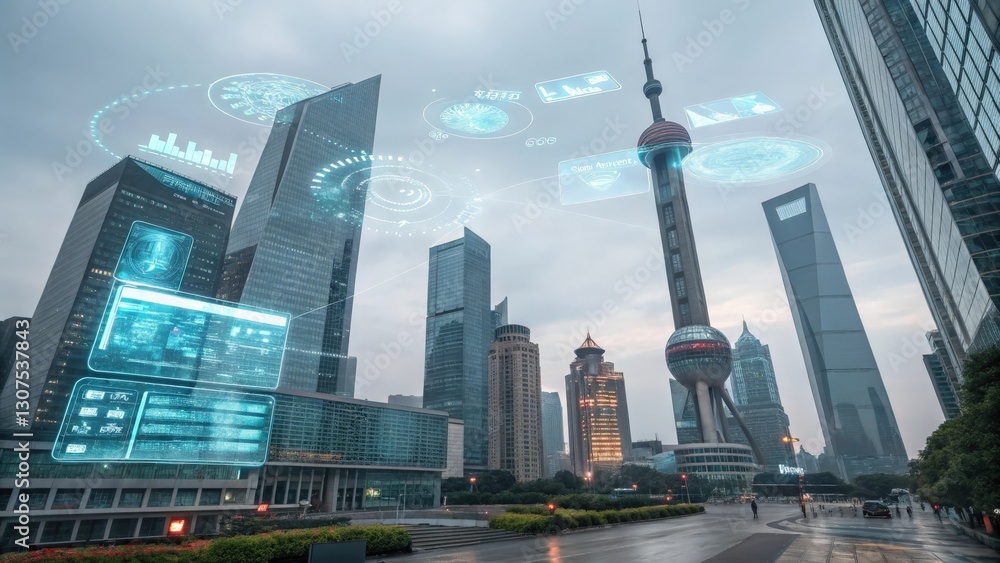 Poster a modern cityscape with futuristic technology overlay, including data visualization elements and sky