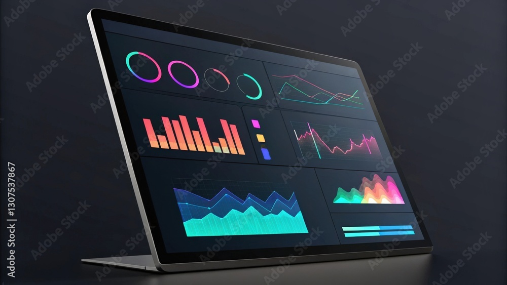 Poster a laptop displaying colorful charts and graphs. the laptop is positioned at an angle against a dark 