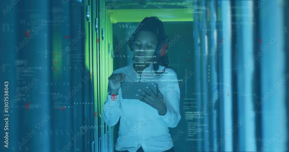 Aufkleber woman in server room working on tablet with data processing animation overlay