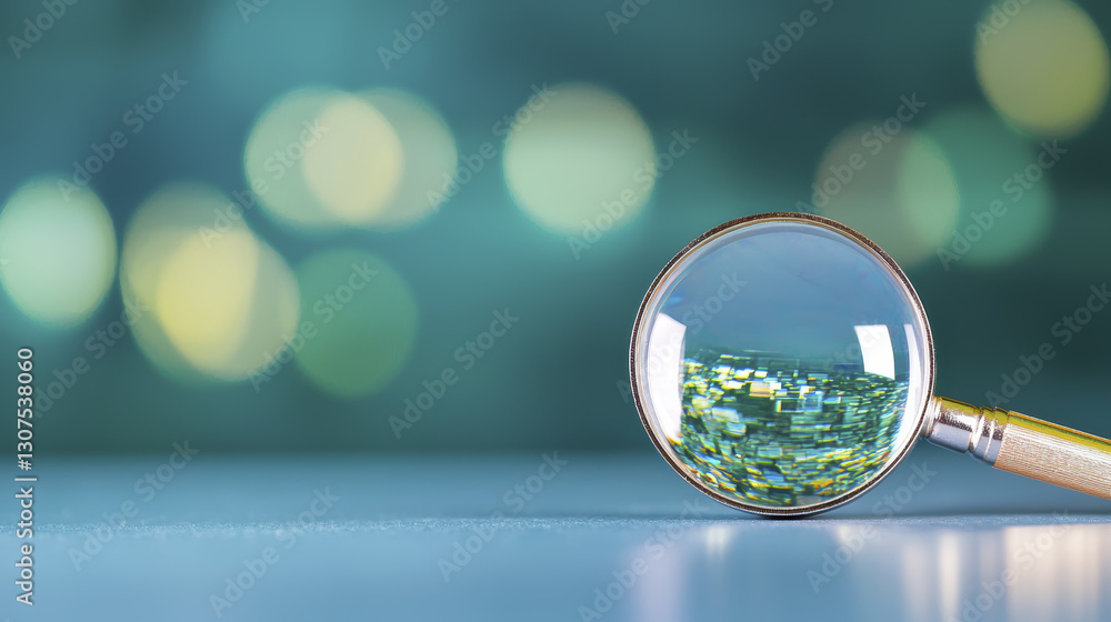 Poster close up view of magnifying glass reflecting colorful bokeh lights, creating sense of curiosity and 