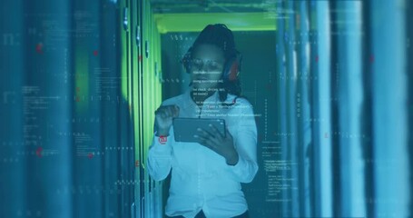 Woman in server room working on tablet with data processing animation overlay - Powered by Adobe