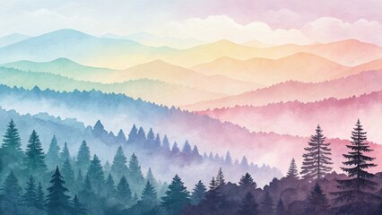 Obraz premium a captivating view of misty mountain range with an array of pastel hues. The forest is dense with evergreen trees