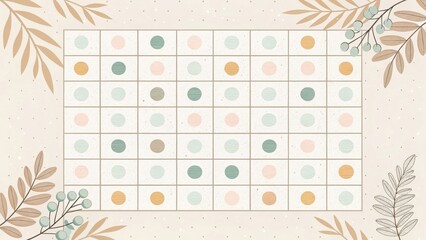 an artistic calendar template with pastel dots and decorative foliage elements