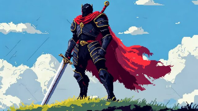 A classic fantasy pixel art hero with a cape and a sword. Retro game assets.