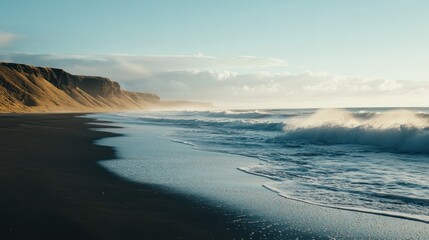 Fototapeta premium Icelandic Black Sand Beach Waves Sunrise