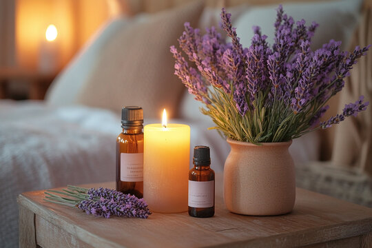 Tranquil evening setting, bedside table with lavender, candle and oil. Lavender concept for good sleep and relaxation.	