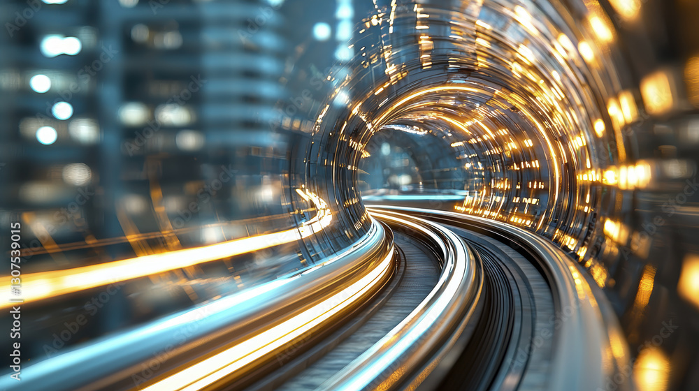 Poster futuristic tunnel with glowing lights and curved tracks, creating dynamic motion effect
