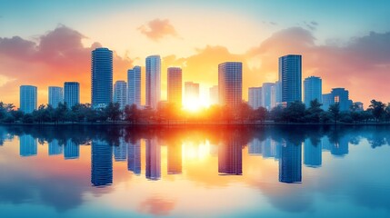 Obraz premium Golden sunrise dramatically illuminates modern city skyline reflected perfectly in calm water. AI Generated