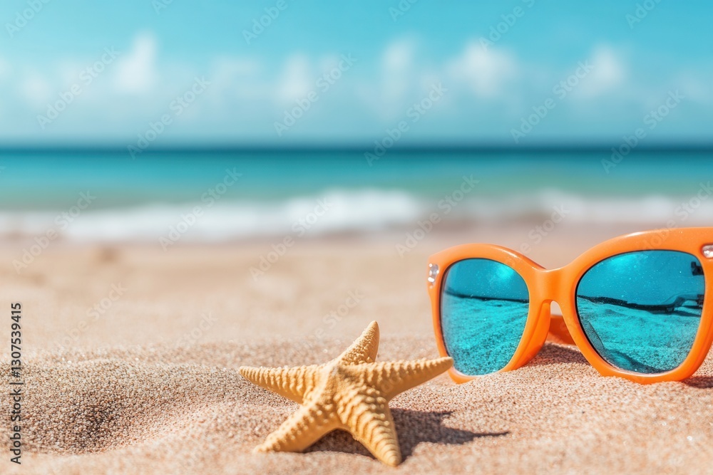 Aufkleber bright orange sunglasses and a starfish resting on sandy beach with calm ocean waves under a sunny s