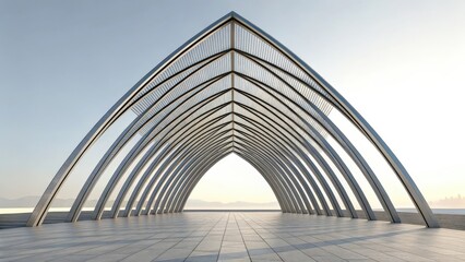 Fototapeta premium a modern architectural design featuring a glass and steel structure with arches. The structure is bathed in daylight and set against a clear sky