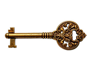 Intricate antique key, ornate brass design, isolated on white.  Represents access, opportunity, secrets, vintage elegance. Ideal for concepts of mystery, solutions, success, and unlocking potential.