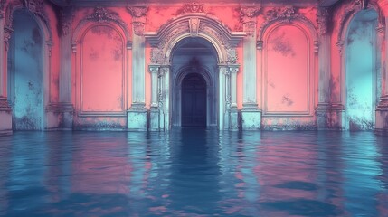 Fototapeta premium Flooded Palace Hallway Dramatic Pink Blue Light. AI Generated