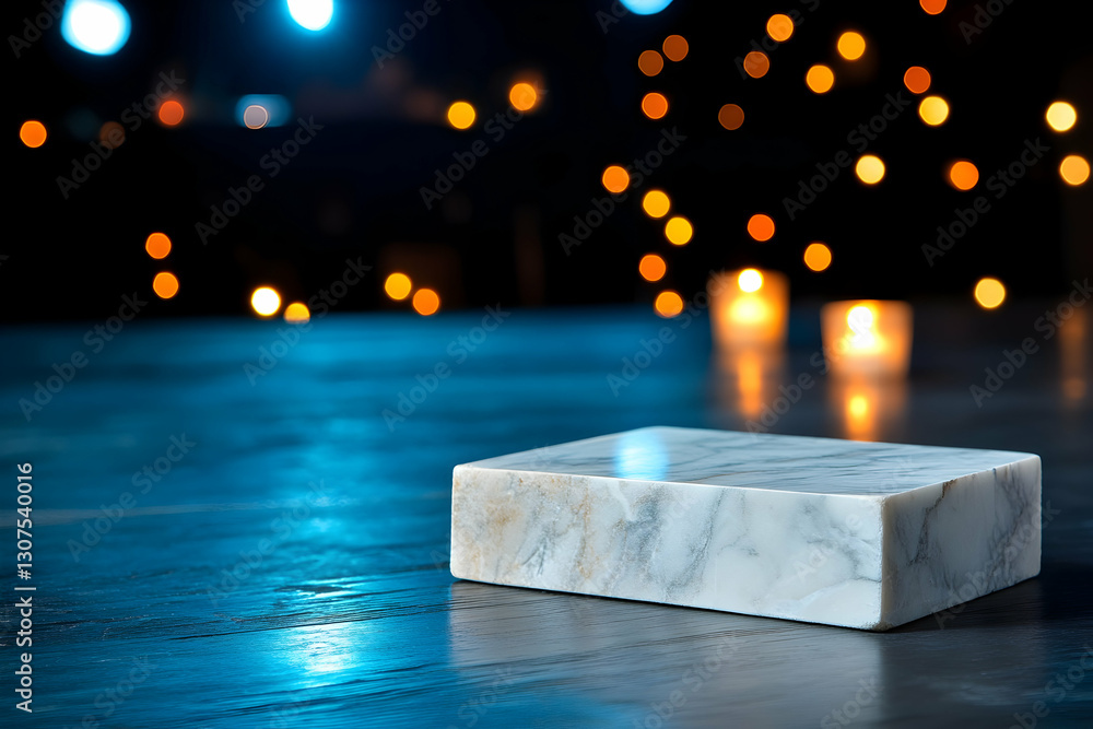 Poster elegant marble product display on dark reflective surface, illuminated by warm bokeh lights, perfect