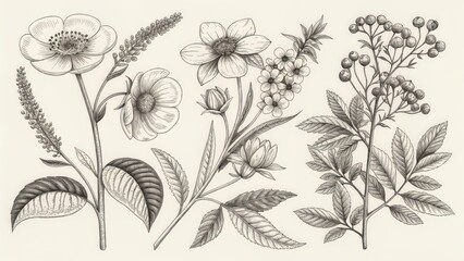 Obraz premium an elegant illustration of several flowers and their intricate details, created in grayscale. The detailed artwork displays a variety of floral species