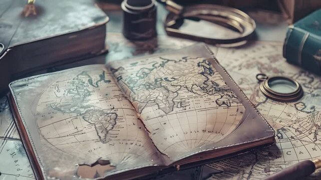 Vintage map spread across aged leather bound book, surrounded by navigation instruments, evoking cartographic adventure and historical wanderlust