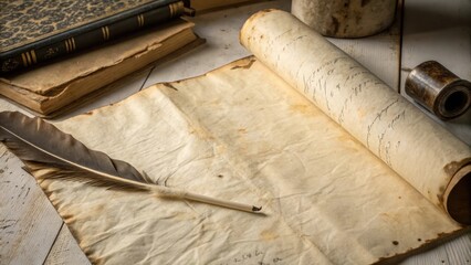 Obraz premium an old vintage parchment scroll with a feather quill, antique books, and other items are arranged on a wooden table