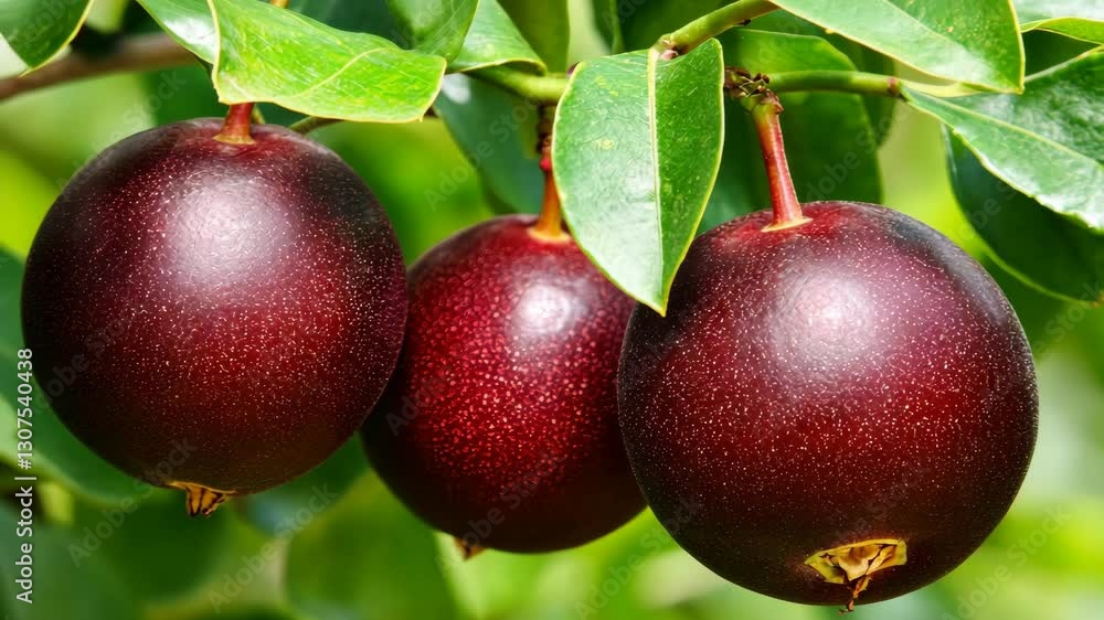 Poster dark red fruit hanging on a tree branch in a lush environment during daylight in a natural setting
