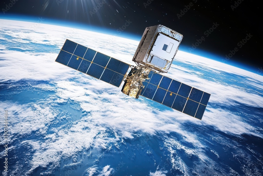 Poster satellite orbiting earth captures stunning view of the planet and clouds below