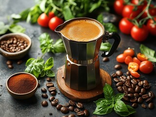 Traditional Coffee Brewing Method with Fresh Ingredients and Beans