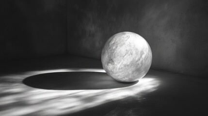 Monochrome sphere in spotlight, dramatic shadow on wall