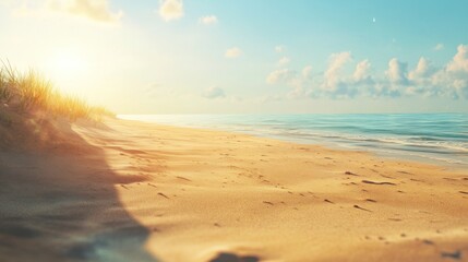 Obraz premium Golden Hour Beach Sunset, Footprints in Sand, Cloudscape Background, Scenic