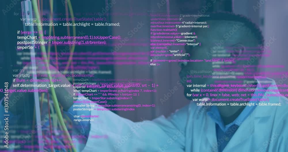 Poster in office, programmer working with animation code on transparent screen