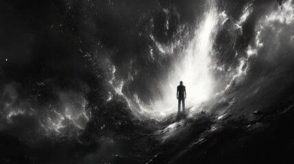 Fototapeta premium Man Stands at Cosmic Cliff, Seeking Light, Dramatic Clouds