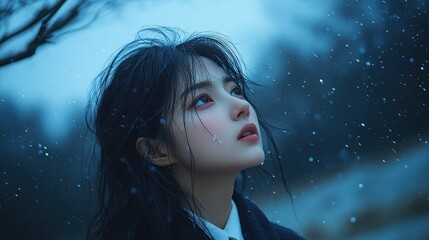 Korean Woman Floating in Tears While Singing a Sad Song in Snow