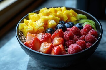 Colorful Aerial View of Smoothie Bowl with Fresh Fruits and Seeds
