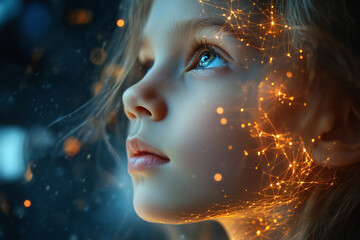 Child Brain Activity look up at digital visualization sphere hologram. Virtual reality connection, kid looking thoughtful, digital kids brain network concept in a futuristic style. Machine learning	